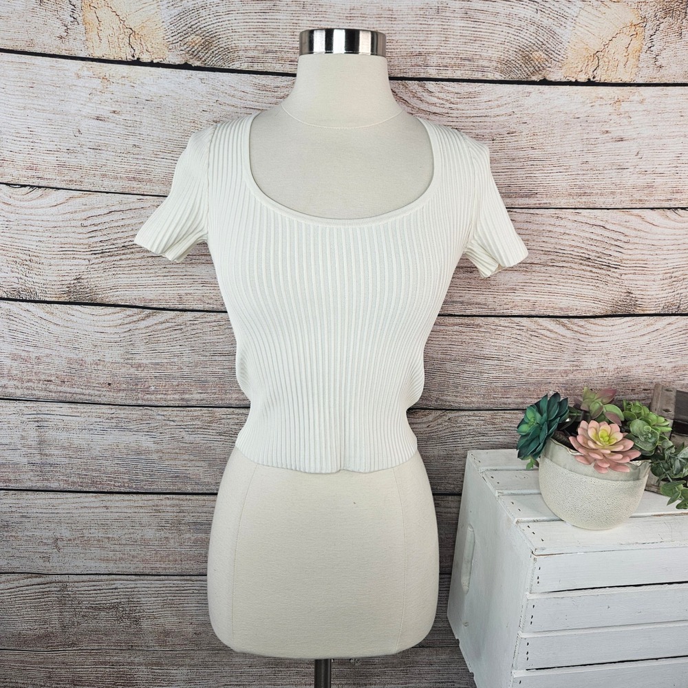 Madewell Ribbed Scoop Neck Short Sleeve Knit Top Cropped Off White XXS